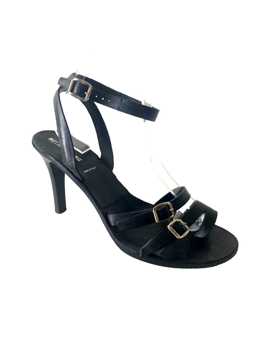 Helmut Lang Black Leather Strappy Sandal Open Toe Slim Heel Ankle Strap 41